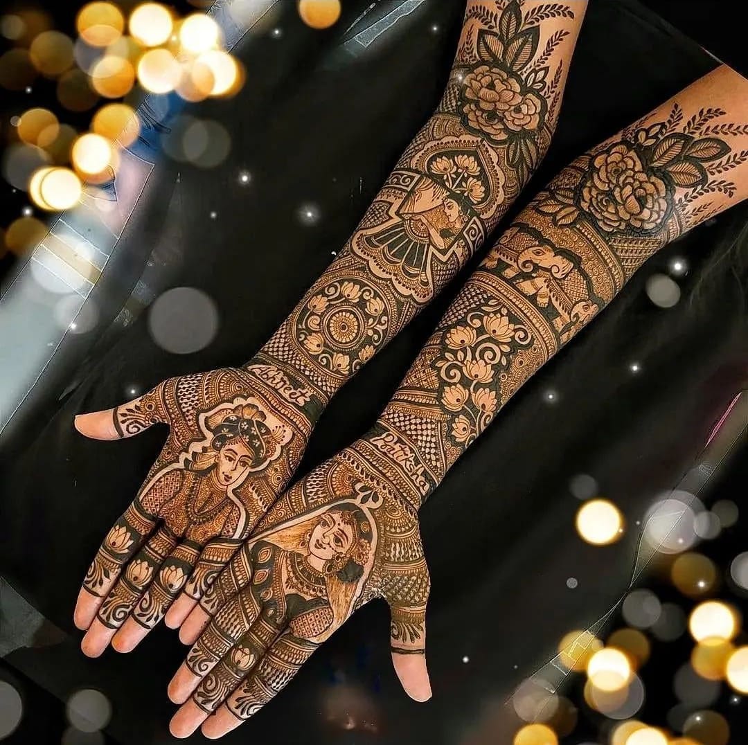 Bridal mehndi with glowing bokeh backdrop and portrait palm art