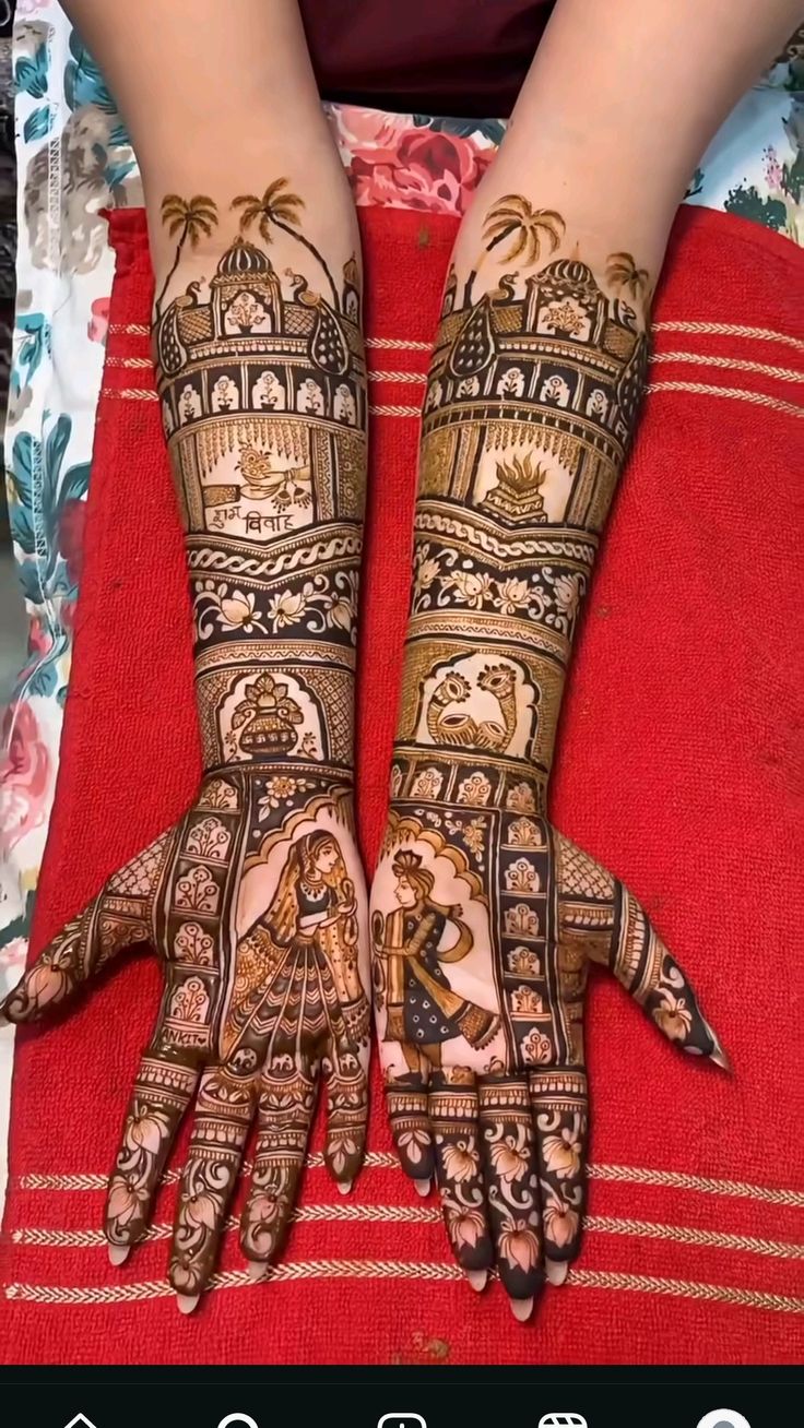 Full-arm wedding mehndi with Shubh Vivah and bride-groom art