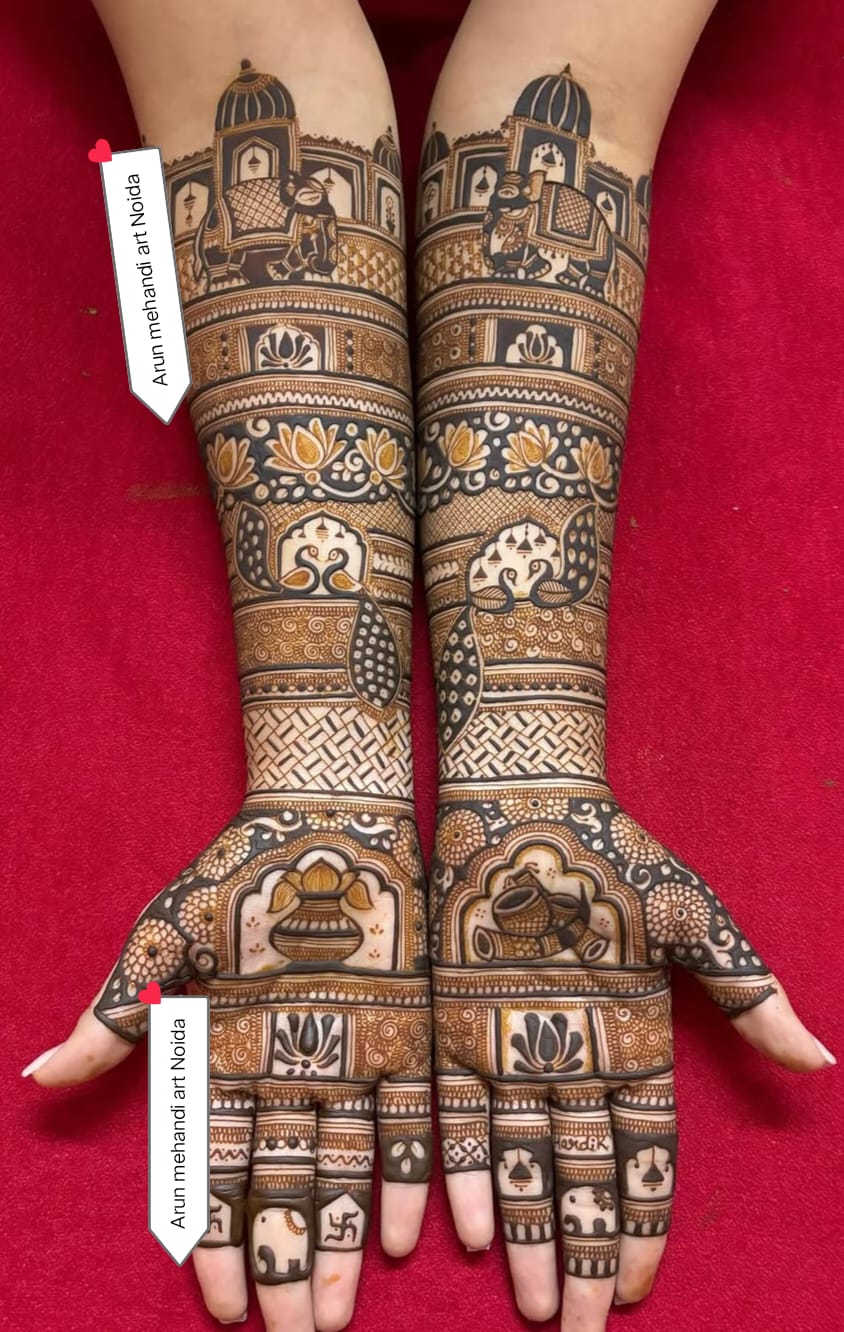 Rajasthani bridal mehndi with palace domes and elephants