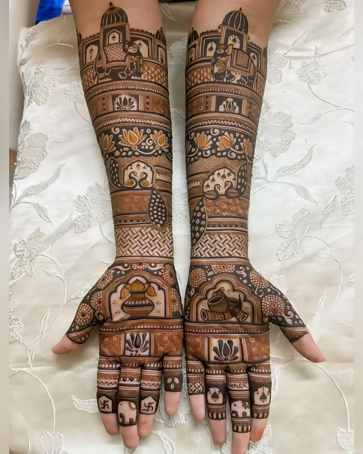 Detailed Rajasthani bridal mehndi with lotus and jaali bands