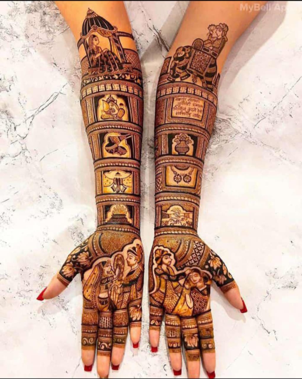 Traditional bridal mehndi with Ganesha and wedding ritual panels